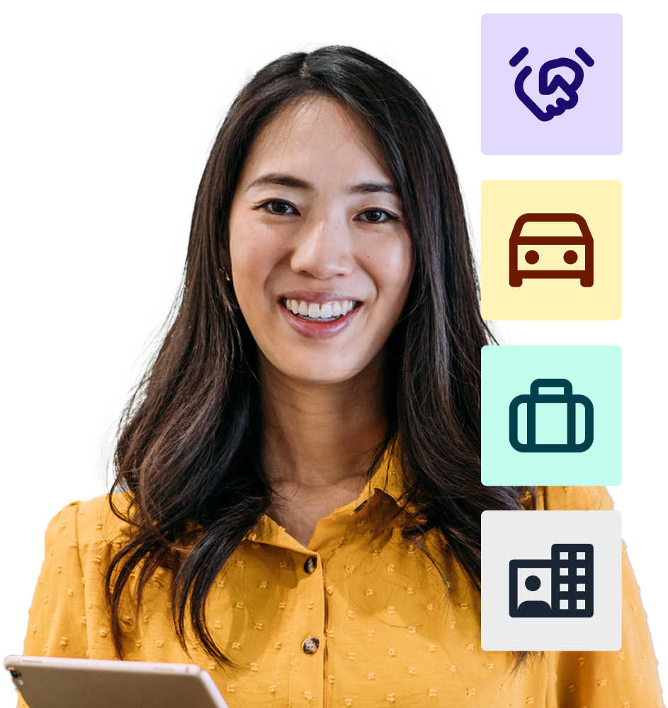 person smiling with icons to side